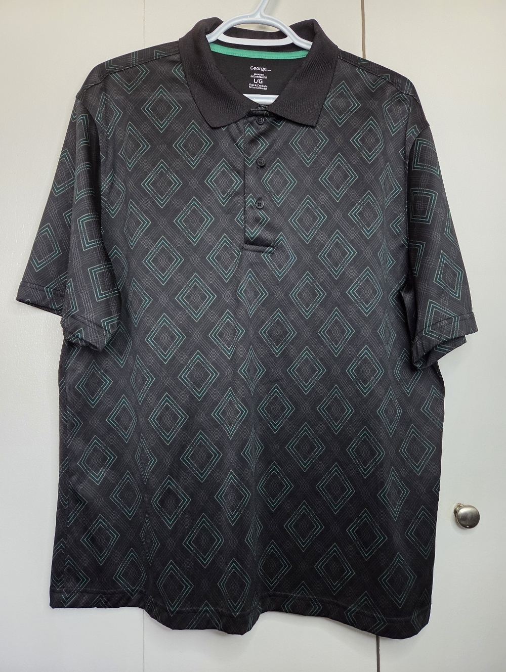 ☀️George Men's L Black and Green Geometric Polo Golf Shirt Short Sleeve